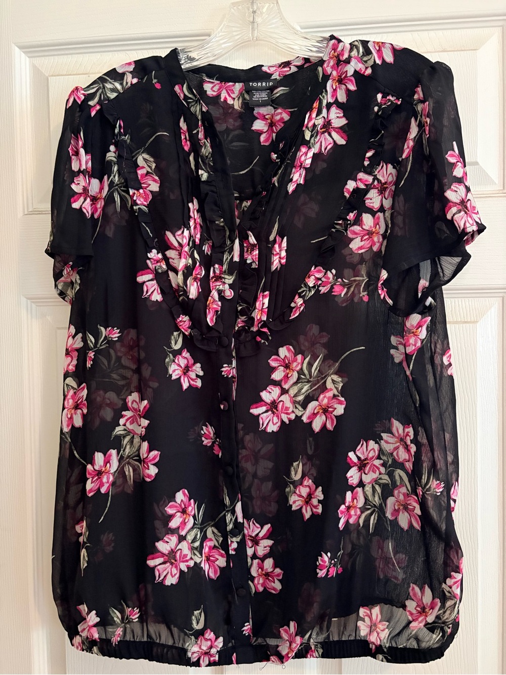 torrid Black Floral Ruffle Tie-Front Blouse with Pink Flowers